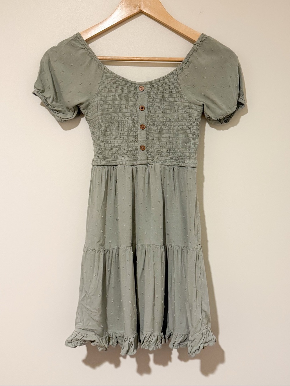 Japna Sage Green Smocked Button-Front Tiered Dress